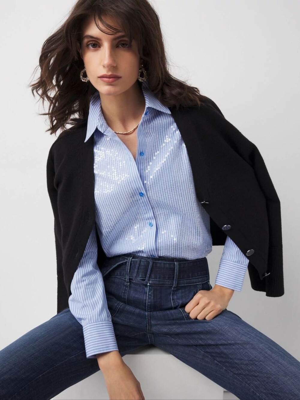 White House Black Market Sequin Striped Poplin Shirt In Blue White YarnDye Sz 2